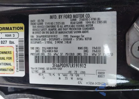 2020 Ford Fusion Titanium z USA, uszkodzony, nr VIN 3FA6P0D97LR191912